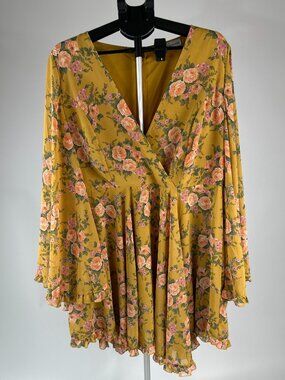 Rebdolls Mustard Floral Boho Dress XL Flowy Bell Sleeve Mini